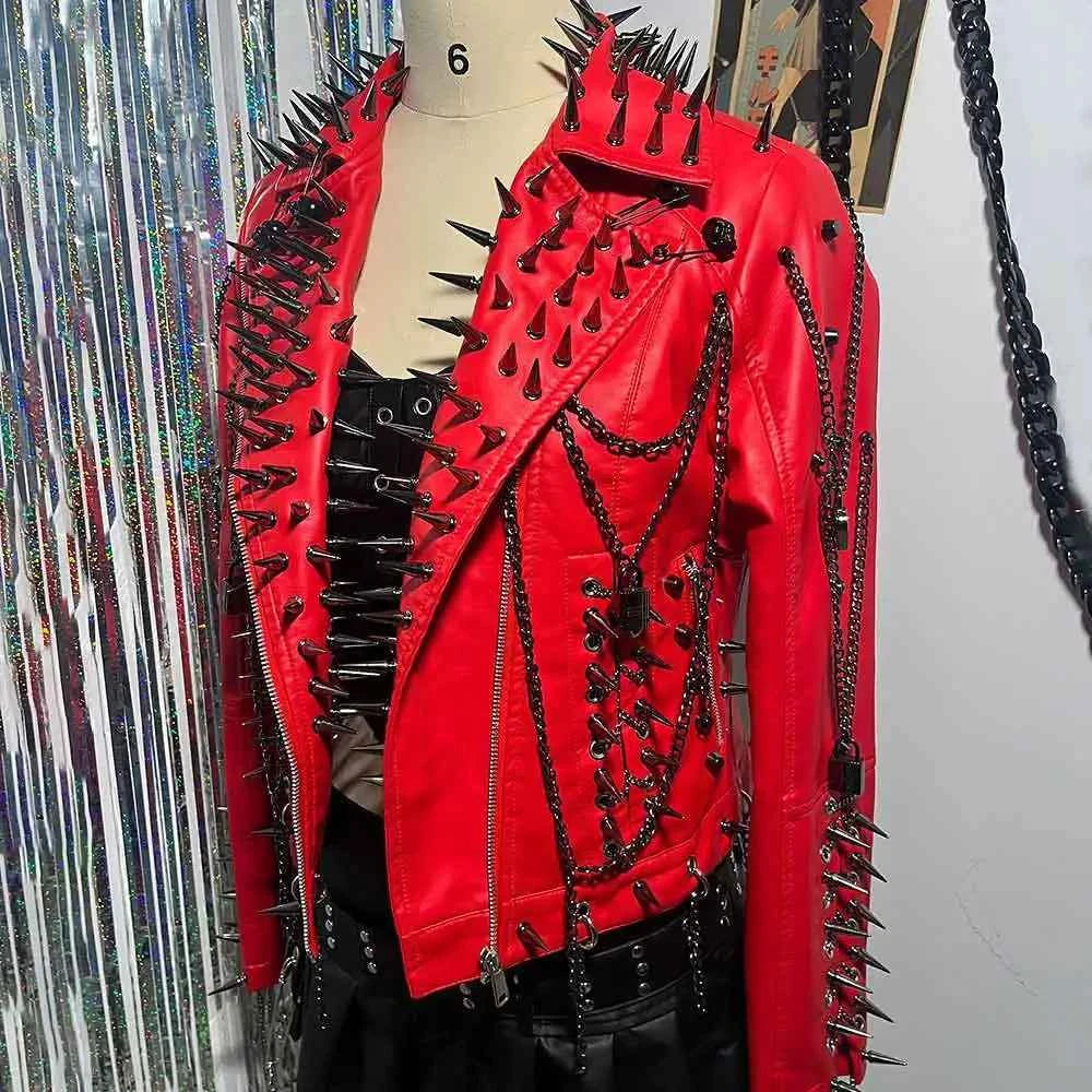 Club Wear Spike Studded Rivet Coat E-Girls Punk Rock Goth Emo Gothic Y2K Pu leather Jacket Harajuku Grunge Chain Zipper