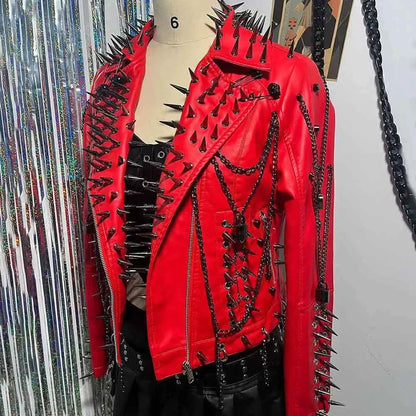 Club Wear Spike Studded Rivet Coat E-Girls Punk Rock Goth Emo Gothic Y2K Pu leather Jacket Harajuku Grunge Chain Zipper