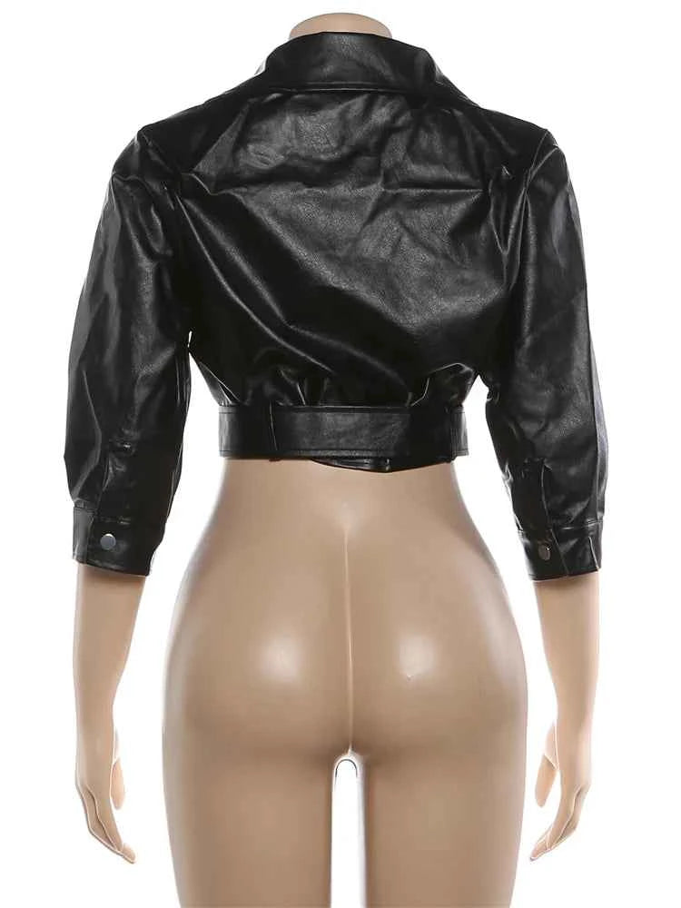 Weird Puss Luxury Crop Jacket Women PU Fall Wild Deep V-Neck Elegant Belt Buckle Zip Full Sleeve Streetwear Office Classic Coat