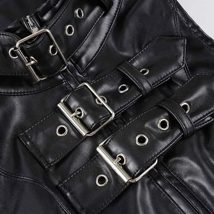 SUCHCUTE Retro Punk Pu Leather Vest With Sleeve Cover Women Gothic Black Sleeveless Turtleneck Top Y2k Metal Decorative Clothing