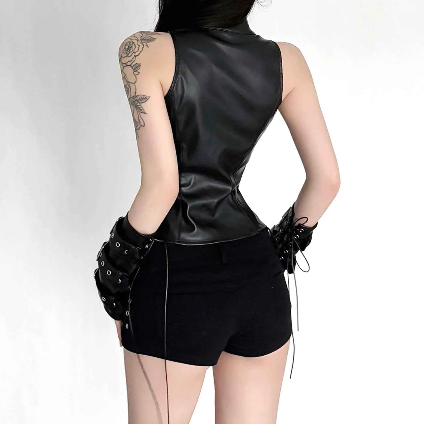SUCHCUTE Retro Punk Pu Leather Vest With Sleeve Cover Women Gothic Black Sleeveless Turtleneck Top Y2k Metal Decorative Clothing