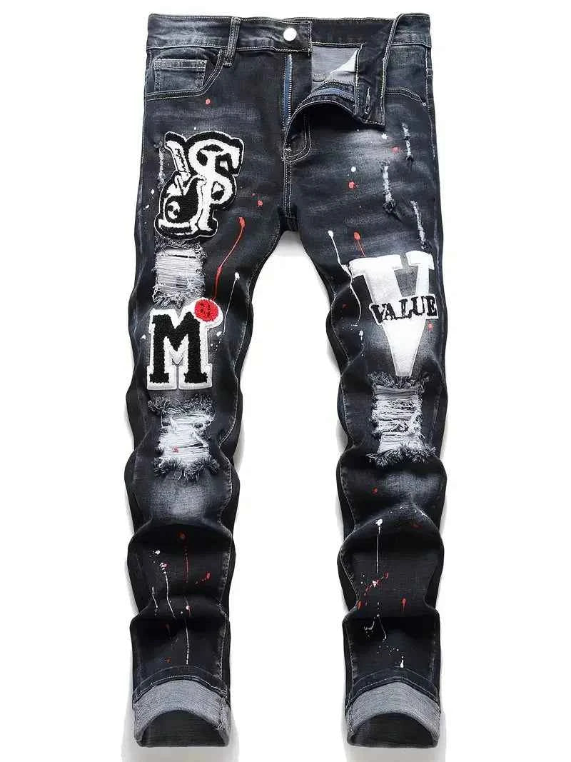 Men y2k Stretchy Denim jeans Ripped Skinny Letter Print elastic waist Casual pants for men Hole Slim Fit Denim Hip Hop Trousers