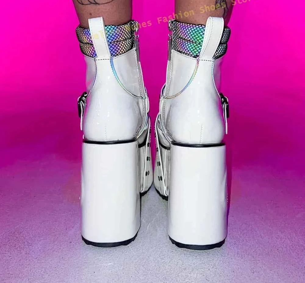 Green Spaced Out Platform Boots Round Toe Wedge Belt Buckle Lace Up Patchwork Women Cyberpunk Boots Gothic Style Y2K Shoes 2025