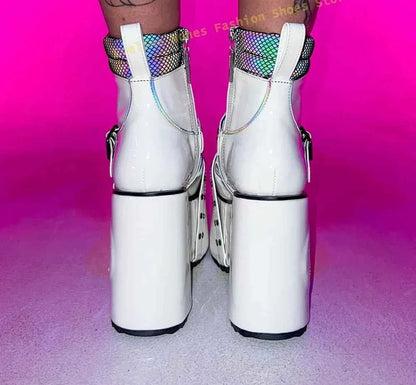 Green Spaced Out Platform Boots Round Toe Wedge Belt Buckle Lace Up Patchwork Women Cyberpunk Boots Gothic Style Y2K Shoes 2025