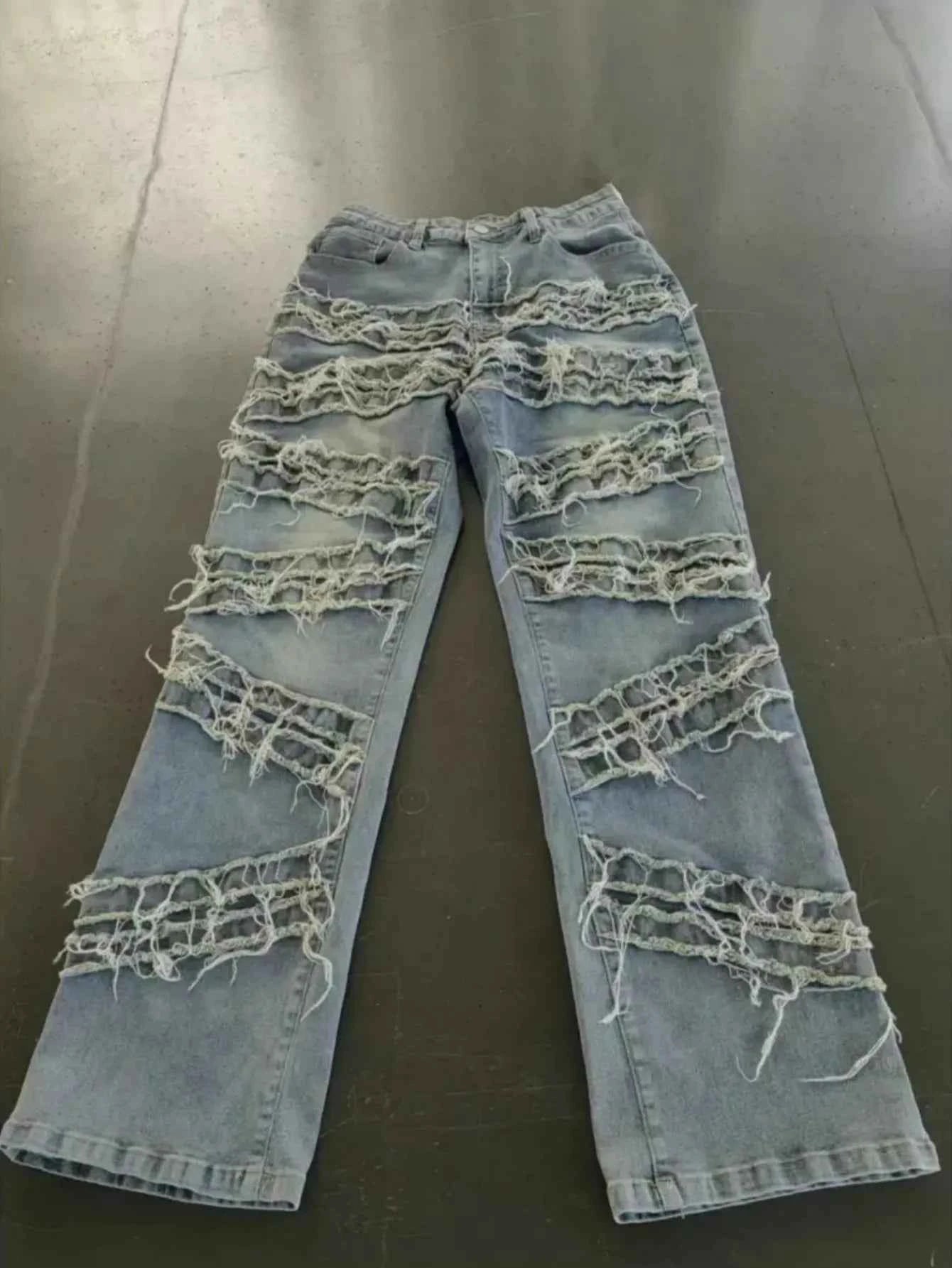 Y2K 90s Street Style Women's Vintage Fringed Distressed Flare Jeans - High Stretch Unique Tassel Design Hip Hop Fashion for All