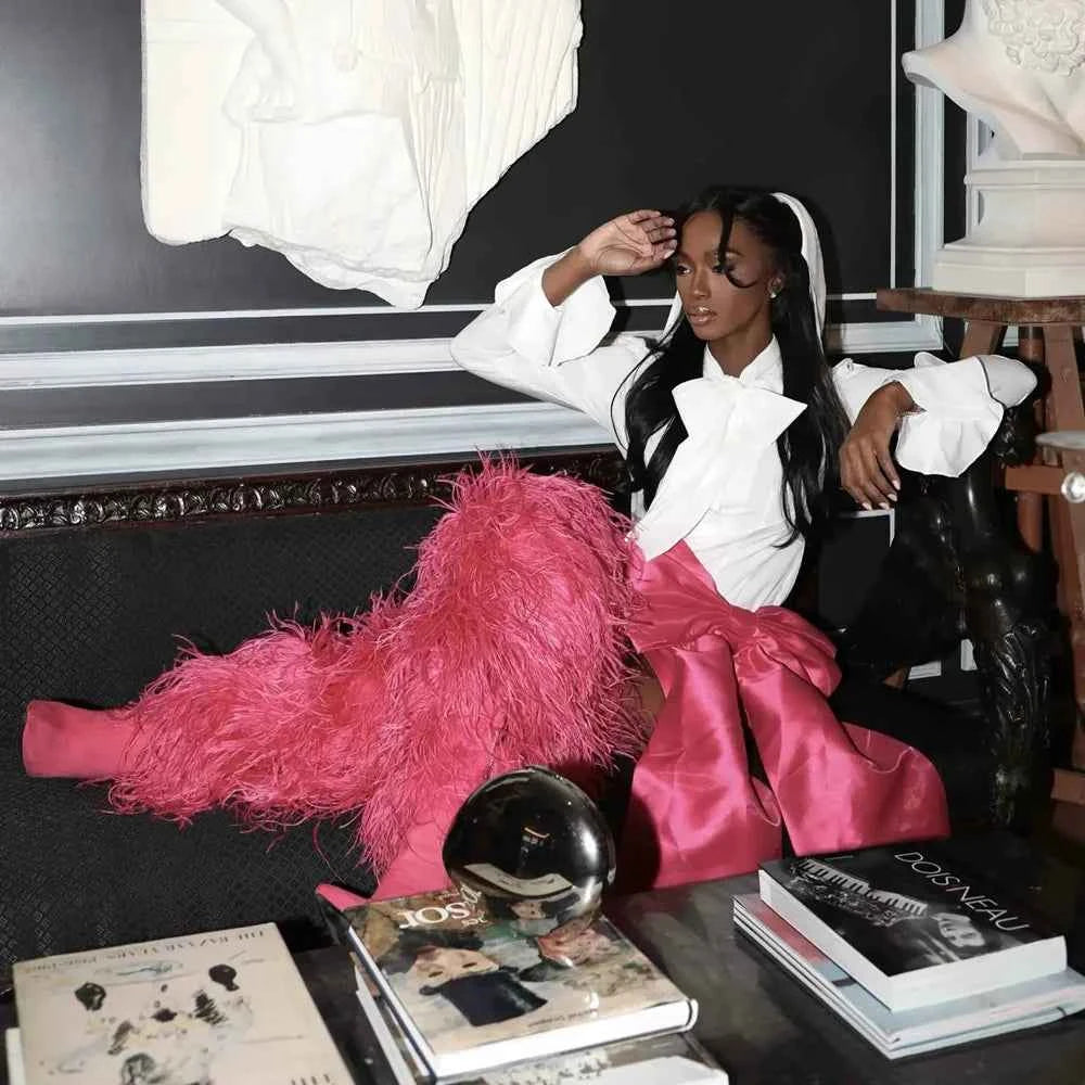 Hot Pink Feather Stiletto Heel Over-the-Knee Boots Plush Fluffy Feather Trim Bold Vibrant Hue Pointed-Toe Edgy Clubwear Looks
