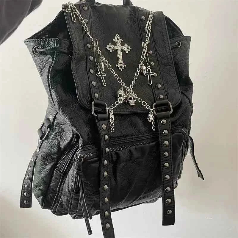 Gothic Y2K Backpack Black Grunge Cross Skeleton | MUNSIEUR