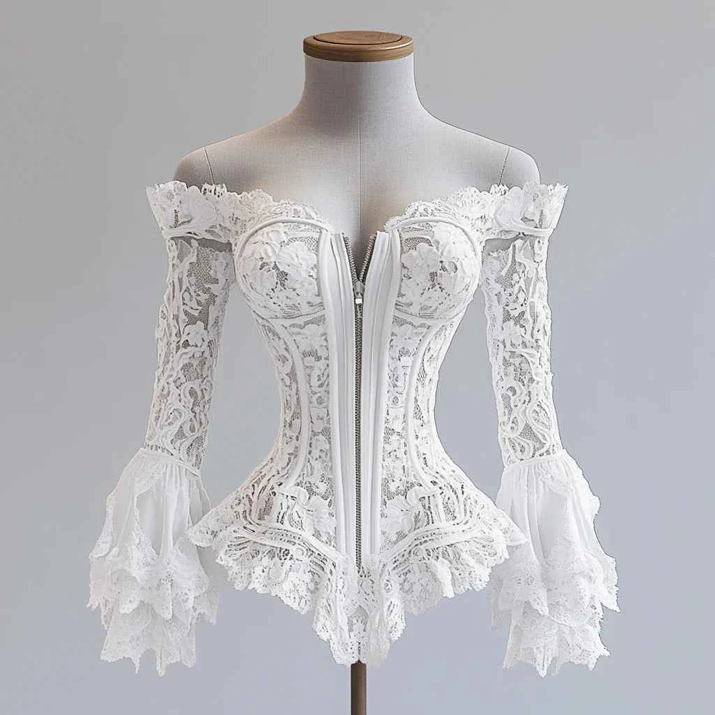 Off Shoulder Lace Blouse for Women Flare Sleeve Zipper Fly Solid Elegant Chic Sexy Hollow Out Long Sleeve Tops Irregular Hem Top