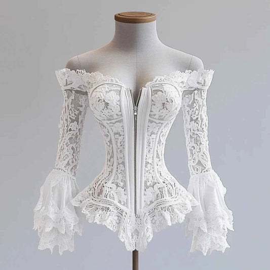 Off Shoulder Lace Blouse for Women Flare Sleeve Zipper Fly Solid Elegant Chic Sexy Hollow Out Long Sleeve Tops Irregular Hem Top