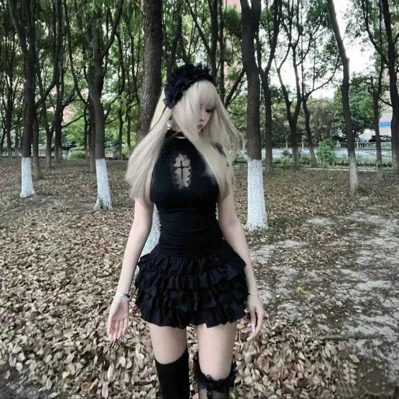 Women Cross Hollow Out T-shirt Gothic Long Sleeve Turtleneck Top Punk Alt Goth Style Clothing Black Blue Y2K Sleeveless Shirt