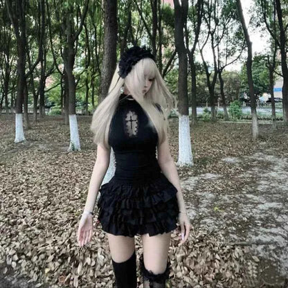 Women Cross Hollow Out T-shirt Gothic Long Sleeve Turtleneck Top Punk Alt Goth Style Clothing Black Blue Y2K Sleeveless Shirt