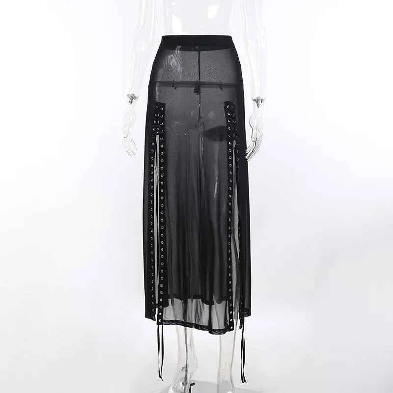 Goth Mesh Perspective Side Slit Skirt Lace Up Dark Punk Gothic Faldas Feminino Thin Summer Aesthetical