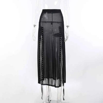 Goth Mesh Perspective Side Slit Skirt Lace Up Dark Punk Gothic Faldas Feminino Thin Summer Aesthetical