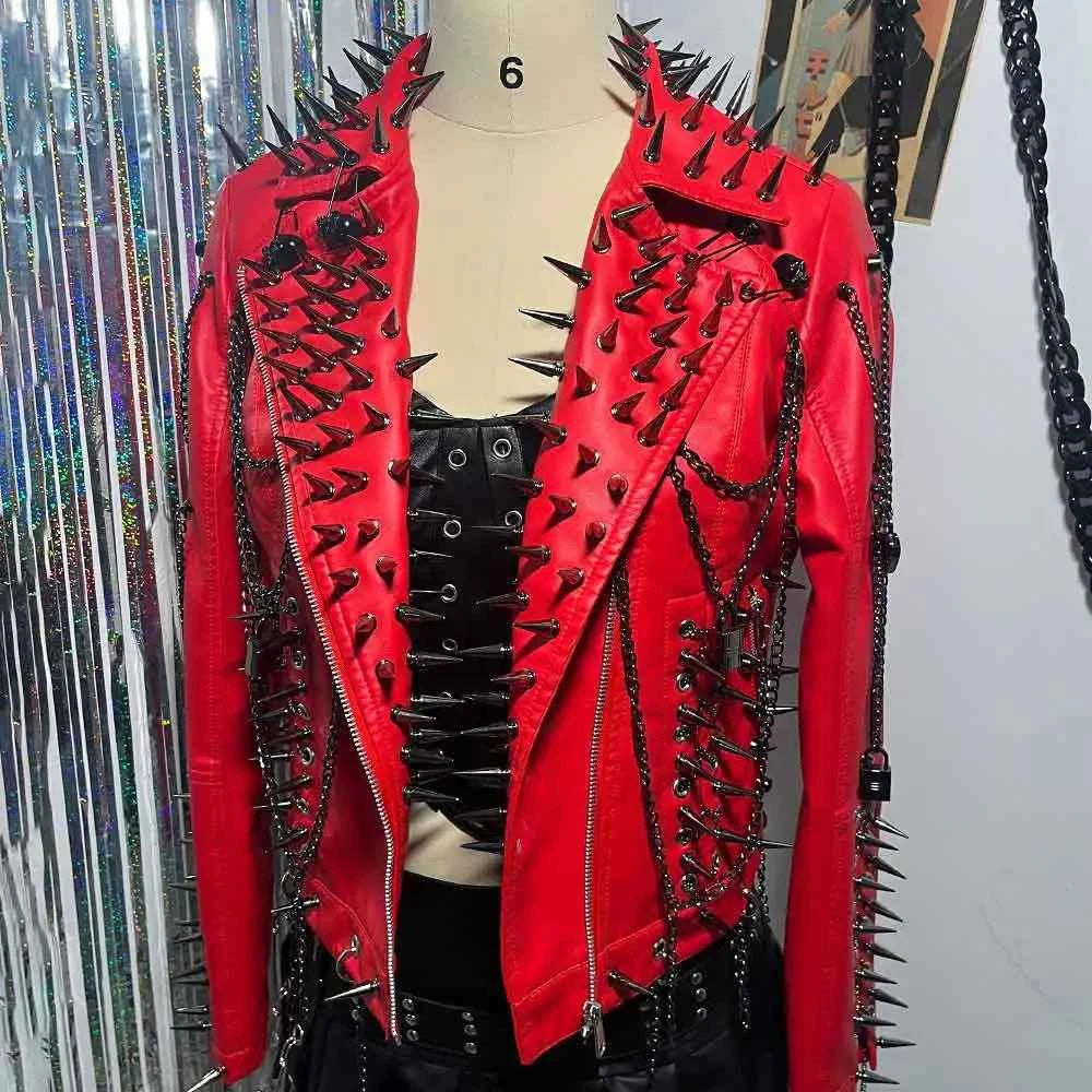 Club Wear Spike Studded Rivet Coat E-Girls Punk Rock Goth Emo Gothic Y2K Pu leather Jacket Harajuku Grunge Chain Zipper