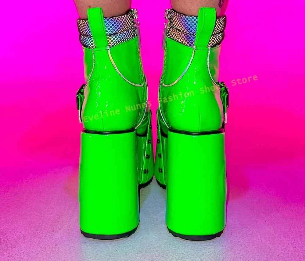 Green Spaced Out Platform Boots Round Toe Wedge Belt Buckle Lace Up Patchwork Women Cyberpunk Boots Gothic Style Y2K Shoes 2025
