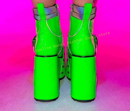 Green Spaced Out Platform Boots Round Toe Wedge Belt Buckle Lace Up Patchwork Women Cyberpunk Boots Gothic Style Y2K Shoes 2025