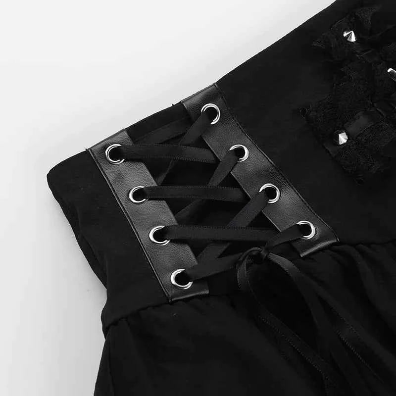 Gothic Black Lace Cross Mini Skirt Y2k Grunge Punk High Waist Pleated A-Line Skirts Vintage Women Girl Aesthetic Alt Clothes