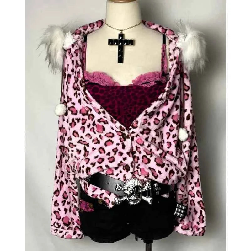 Y2K Kawaii Pink Leopard Plush Zipper Hoodie | Harajuku | MUNSIEUR