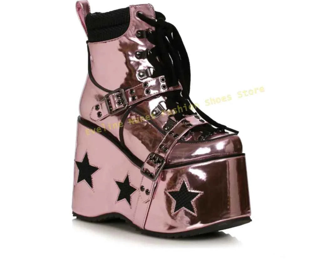 Green Spaced Out Platform Boots Round Toe Wedge Belt Buckle Lace Up Patchwork Women Cyberpunk Boots Gothic Style Y2K Shoes 2025