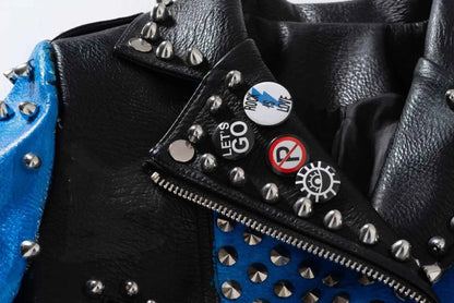 Streetwear Contrast Spliced Faux Leather Jacket for Women 2026 New Graffiti Print Punk Studded Slim Cropped Motorcycle Jackets