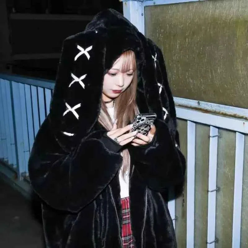 2025 Winter Clothing Women's Jackets Harajuku Rabbit Ears Punk Black Coats Thicked Furry Zipper Oversized Y2k Tops Ropa Mujer