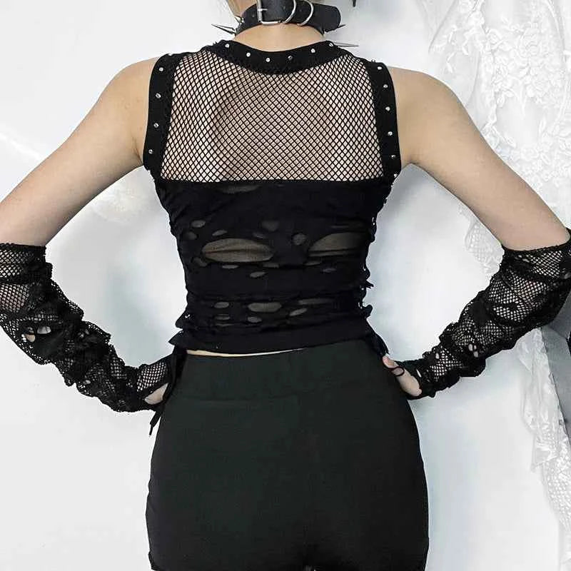 Gothic Crop Tops Punk Tanks Trendy Camisole T-Shirt Women Sexy Fishnet Backless Steampunk Vest Clubwear for Rave Party