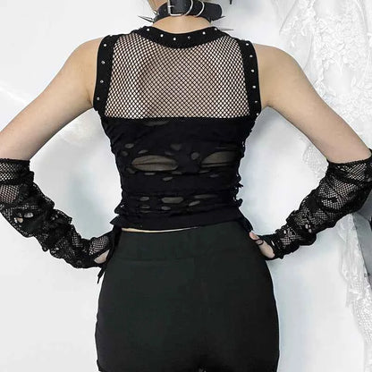 Gothic Crop Tops Punk Tanks Trendy Camisole T-Shirt Women Sexy Fishnet Backless Steampunk Vest Clubwear for Rave Party