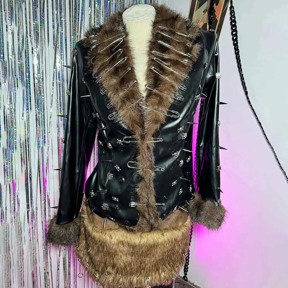 Hip Hop Teen E-Girls Emo Grunge Goth DIY Club Wear Hand Made Punk Rock Studded Y2K Vegan Leather Faux Fur Jacket Coat Pin