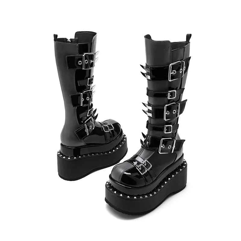 Belt Buckle Spike Rivet Platform Motorcycle Boots Round Toe Thick Sole Side Zipper Punk Knee High Boots Heavy Work Gothic Style