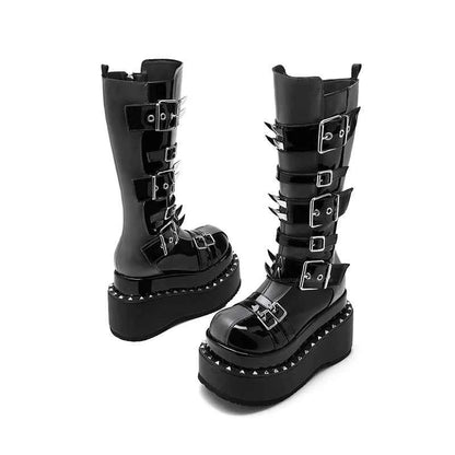 Belt Buckle Spike Rivet Platform Motorcycle Boots Round Toe Thick Sole Side Zipper Punk Knee High Boots Heavy Work Gothic Style