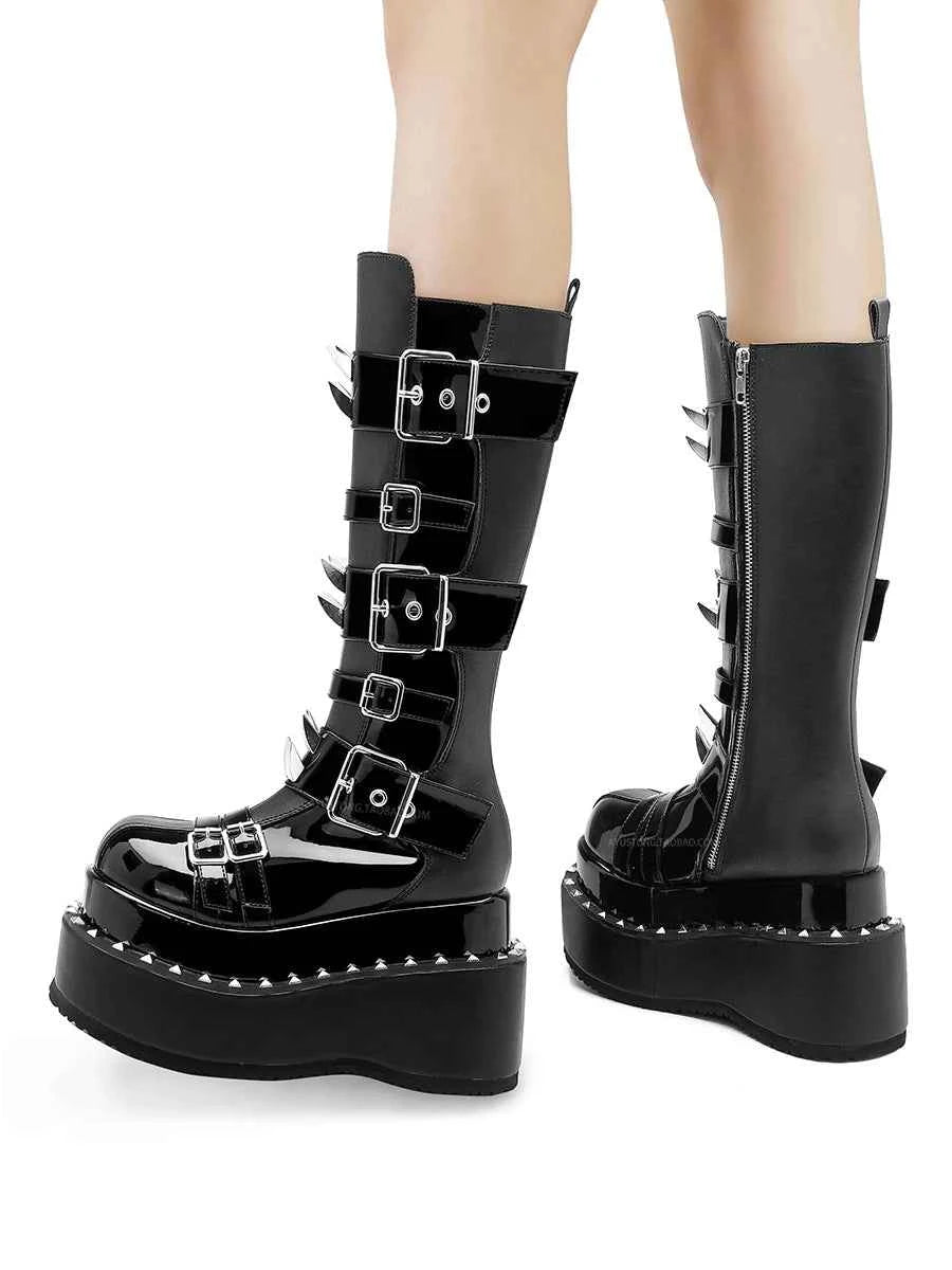 Belt Buckle Spike Rivet Platform Motorcycle Boots Round Toe Thick Sole Side Zipper Punk Knee High Boots Heavy Work Gothic Style