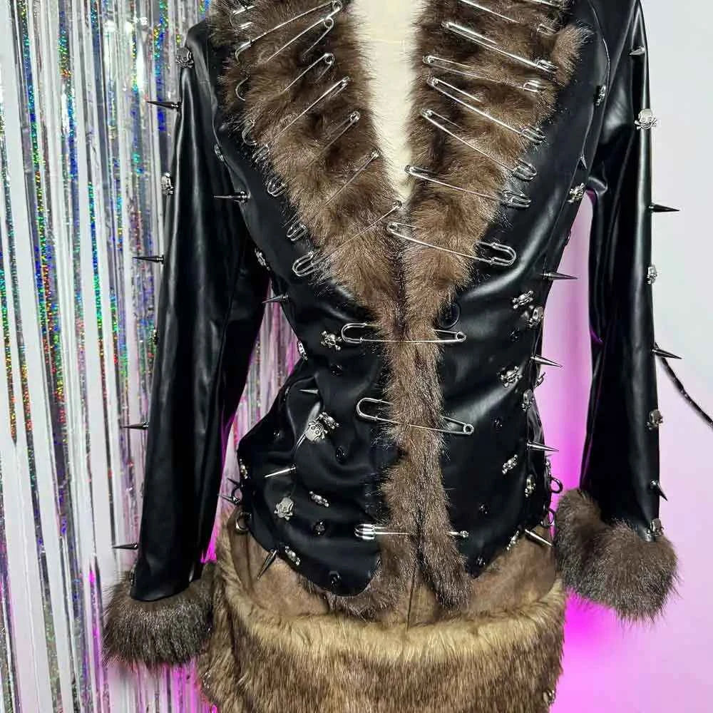 Hip Hop Teen E-Girls Emo Grunge Goth DIY Club Wear Hand Made Punk Rock Studded Y2K Vegan Leather Faux Fur Jacket Coat Pin