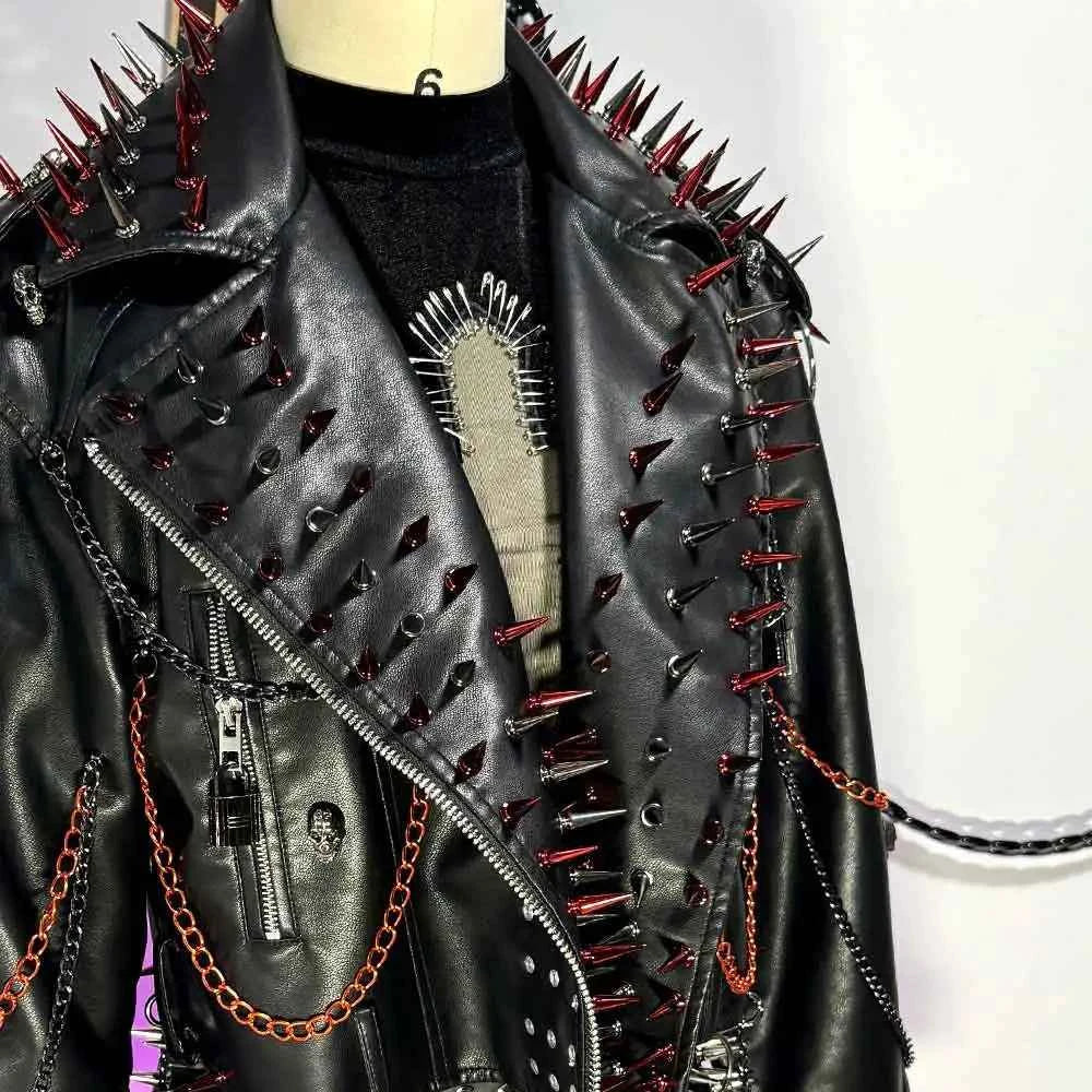 Punk Rock E-Girls Eco Goth Gothic Emo Grunge DIY Harajuku Y2K PU Leather Skull Studded Jacket Vintage Hand Made Studded Rivet
