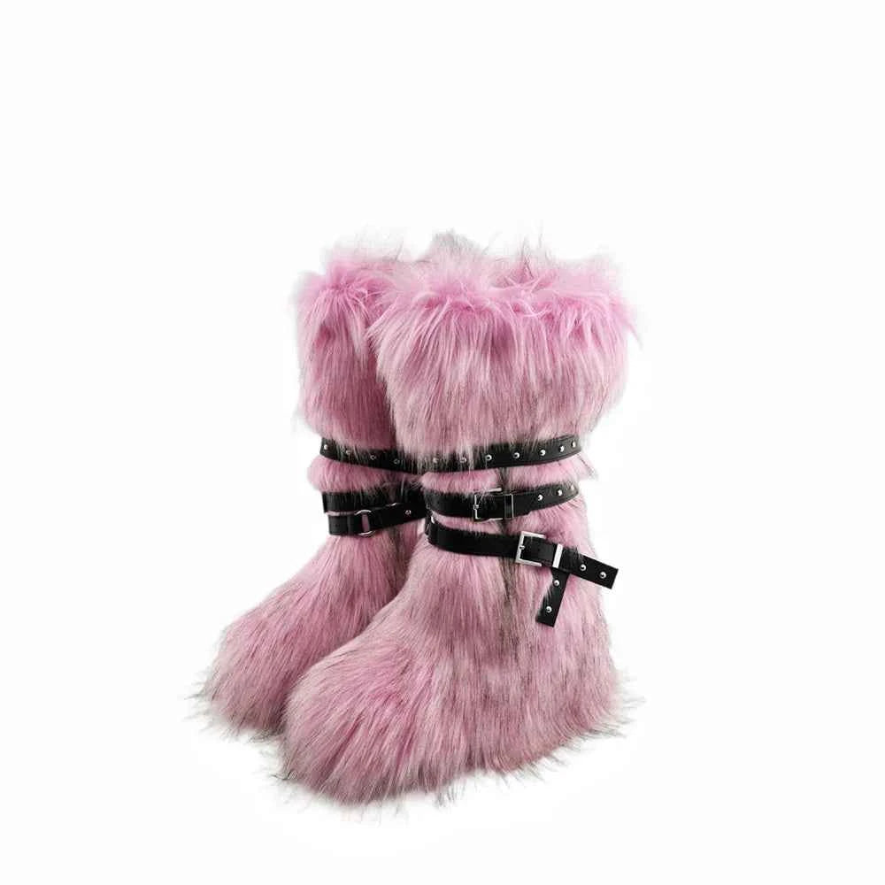 Ladies Faux Fur Knee High Wedge Platform Boots Popular Brown Spice Girl Cross Belt Buckle Winter New Snow Boots For Women