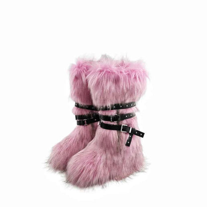 Ladies Faux Fur Knee High Wedge Platform Boots Popular Brown Spice Girl Cross Belt Buckle Winter New Snow Boots For Women