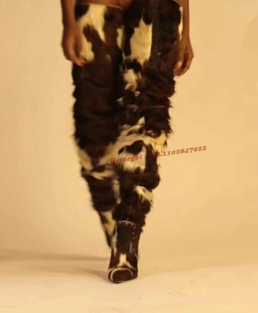 Horsehair Patchwork Thigh High Boots Rivet Stiletto Fur Pointy Toe Women's Boots Winter Thin High Heeled Warm Casual Shoes 2026