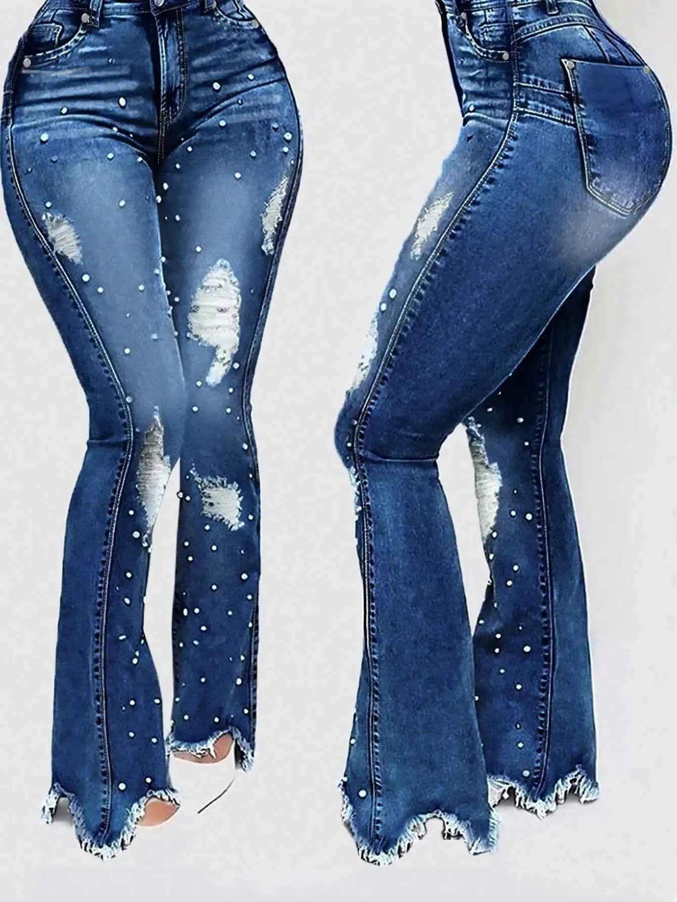Women's High Waisted Ripped Flared Jeans with Nail Beads, Elastic Denim Pants for Street Style