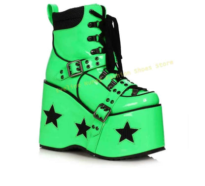 Green Spaced Out Platform Boots Round Toe Wedge Belt Buckle Lace Up Patchwork Women Cyberpunk Boots Gothic Style Y2K Shoes 2025