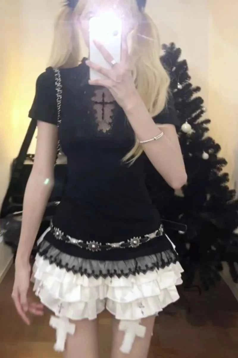Women Cross Hollow Out T-shirt Gothic Long Sleeve Turtleneck Top Punk Alt Goth Style Clothing Black Blue Y2K Sleeveless Shirt