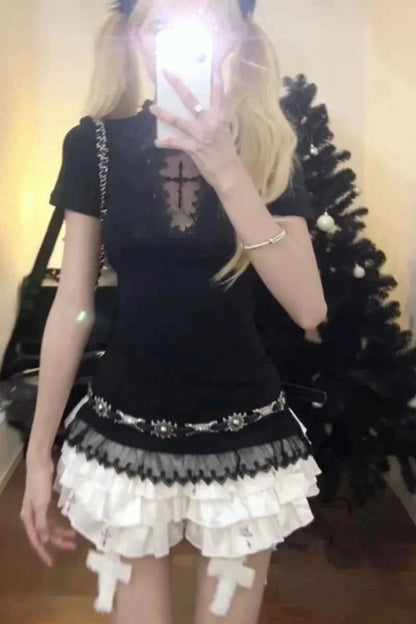 Women Cross Hollow Out T-shirt Gothic Long Sleeve Turtleneck Top Punk Alt Goth Style Clothing Black Blue Y2K Sleeveless Shirt