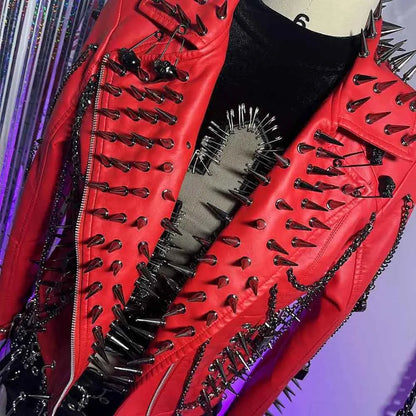 Club Wear Spike Studded Rivet Coat E-Girls Punk Rock Goth Emo Gothic Y2K Pu leather Jacket Harajuku Grunge Chain Zipper