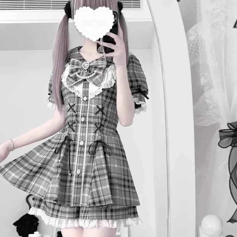 Y2k Aesthetic Lolita Style Bow Dress Shorts Set Japanese Women Gothic Lace Flare Sleeve Button Shirt Dress Punk Party Mini Dress