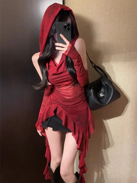 Red Mesh See Through Top Streetwear T-shirt Irregular Ruffle