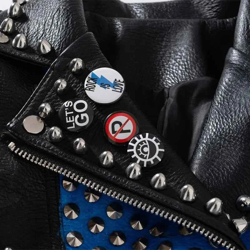 Streetwear Contrast Spliced Faux Leather Jacket for Women 2026 New Graffiti Print Punk Studded Slim Cropped Motorcycle Jackets