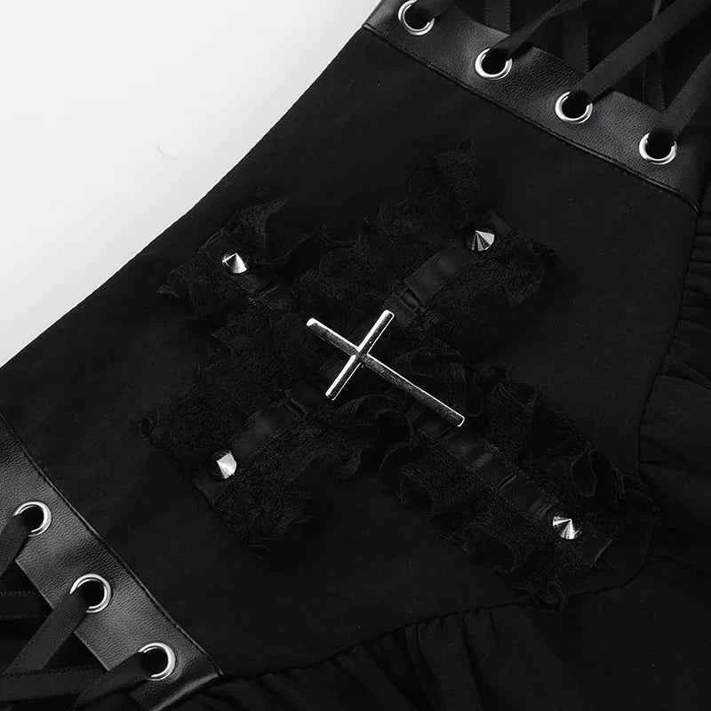 Gothic Black Lace Cross Mini Skirt Y2k Grunge Punk High Waist Pleated A-Line Skirts Vintage Women Girl Aesthetic Alt Clothes
