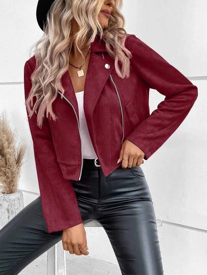 Faux Suede Women Jakcet Zipper Fly Lapel Buttons Motorcycle Jacket Leather Jacket Windproof High Street Biker Jacket Cardigan