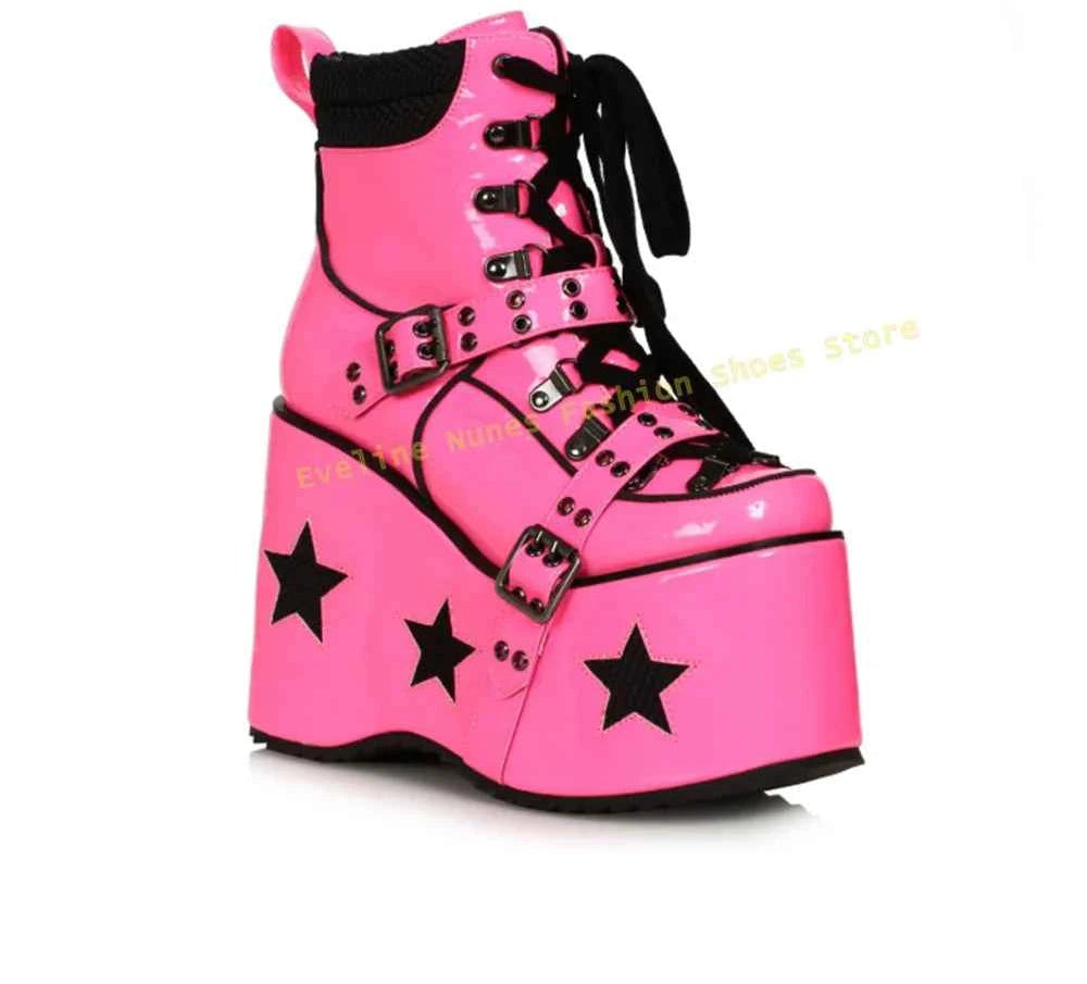 Green Spaced Out Platform Boots Round Toe Wedge Belt Buckle Lace Up Patchwork Women Cyberpunk Boots Gothic Style Y2K Shoes 2025