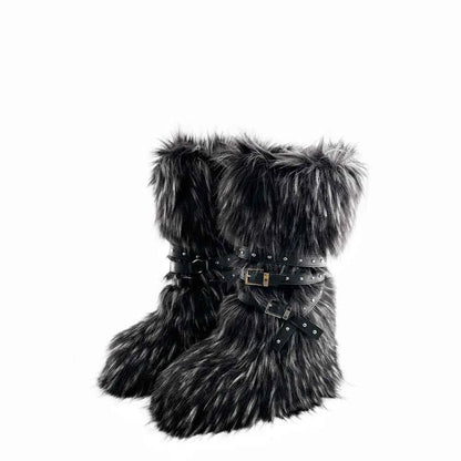 Ladies Faux Fur Knee High Wedge Platform Boots Popular Brown Spice Girl Cross Belt Buckle Winter New Snow Boots For Women