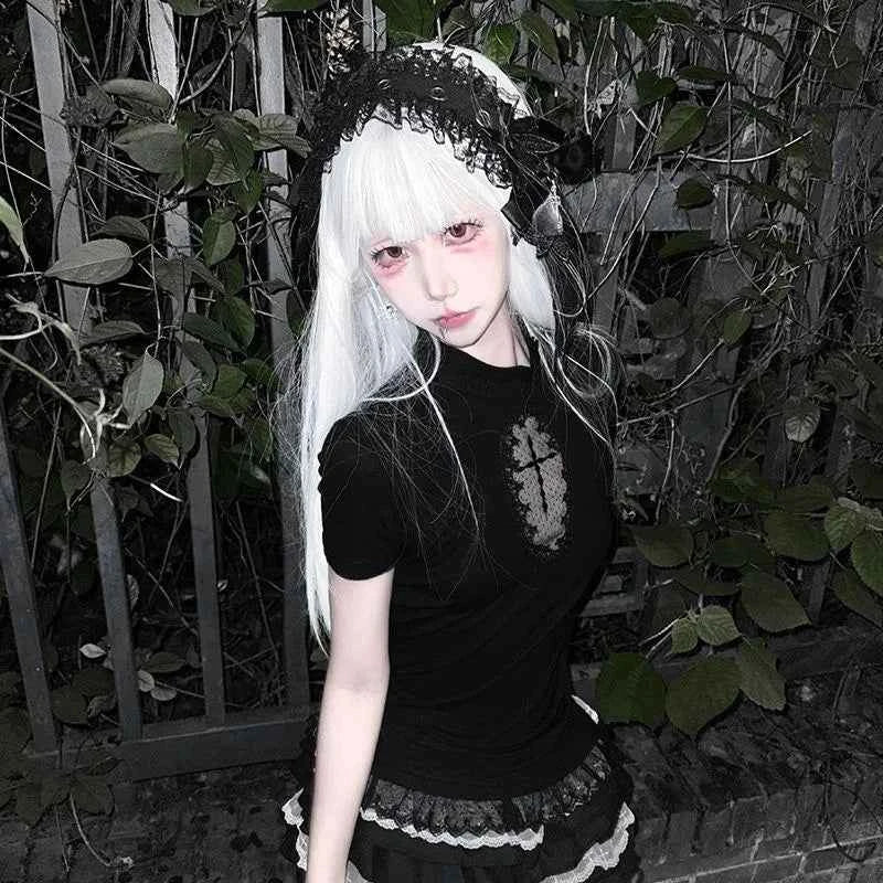 Women Cross Hollow Out T-shirt Gothic Long Sleeve Turtleneck Top Punk Alt Goth Style Clothing Black Blue Y2K Sleeveless Shirt
