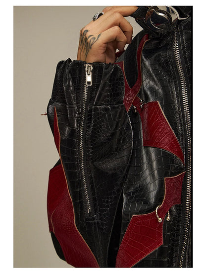 High Quality Crocodile Patchwork Pu Leather Coat Luxury Streetwear Men's Gothic Urban